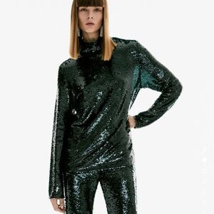 ZARA Dark Green Sequin Turtleneck Top